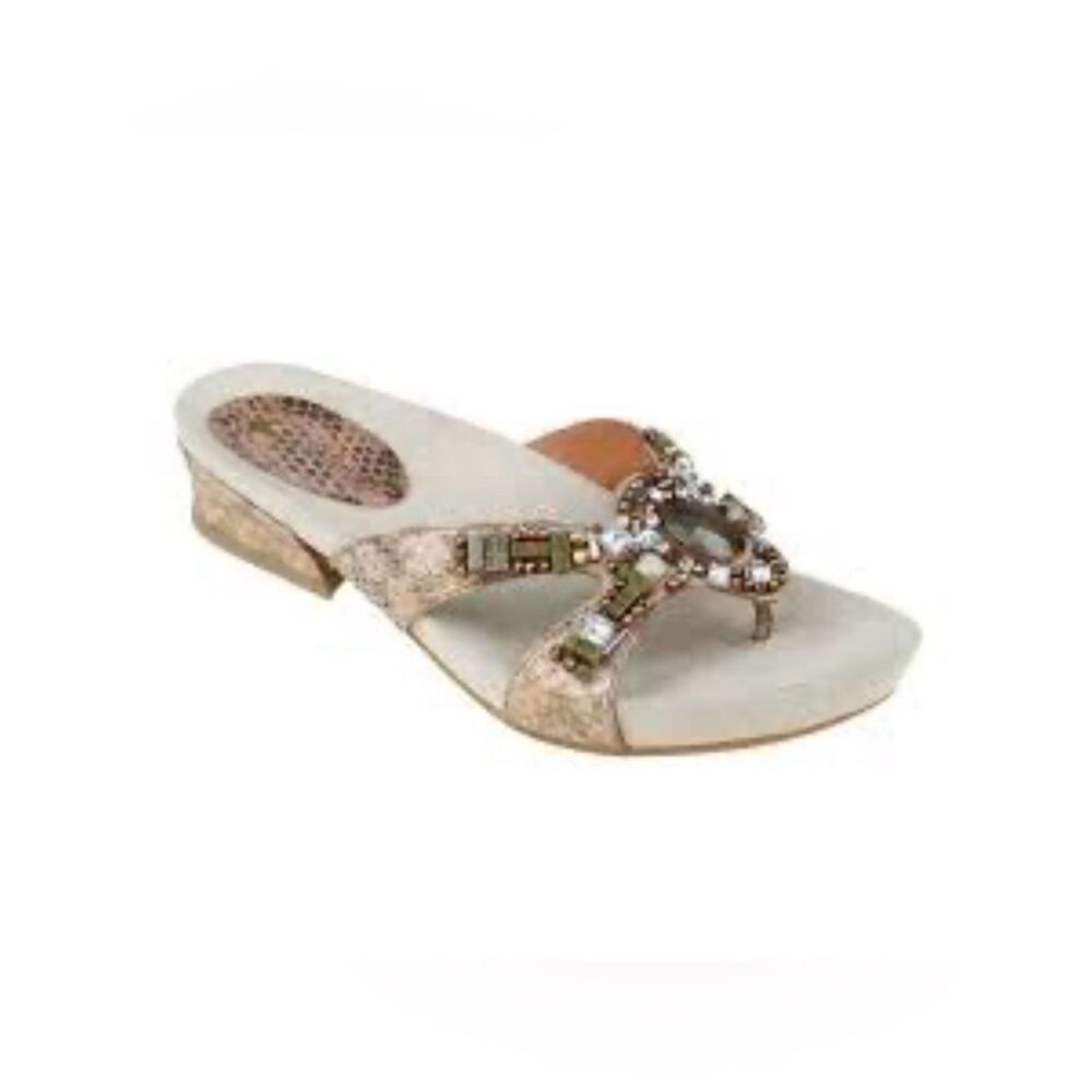Earthies LAZERETTA Bronze Metallic Snakeskin Beaded Gem Slide Sandals